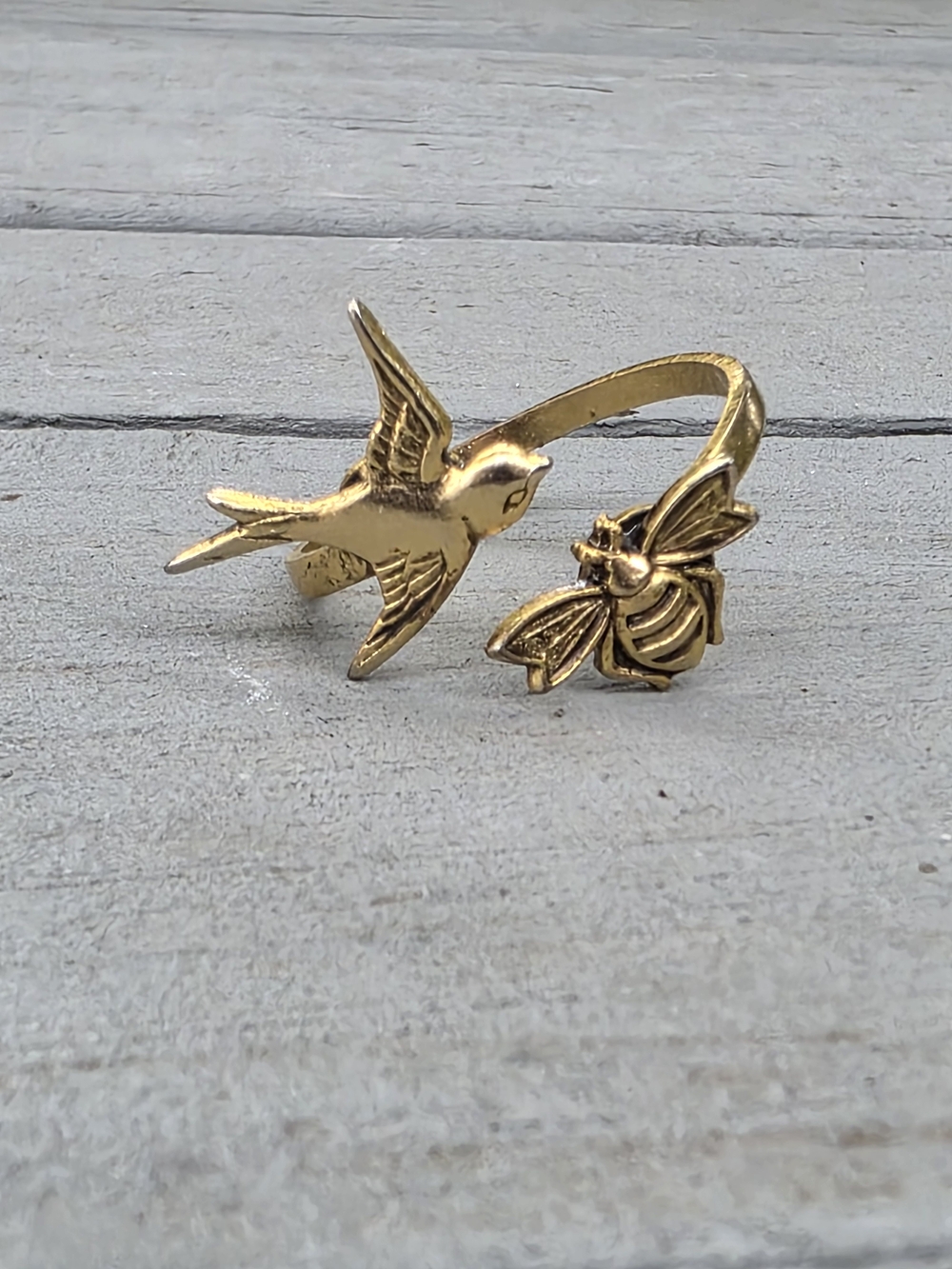 Gold Bird and Bee Adjustable Ring - Gold Tone